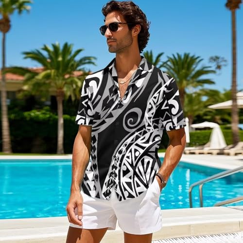 Button up Polynesian Tribal Samoan Tapa Hibiscus Prin tHawaiian Shirt for Men Plus Size Holiday Beach Men's Shirts4