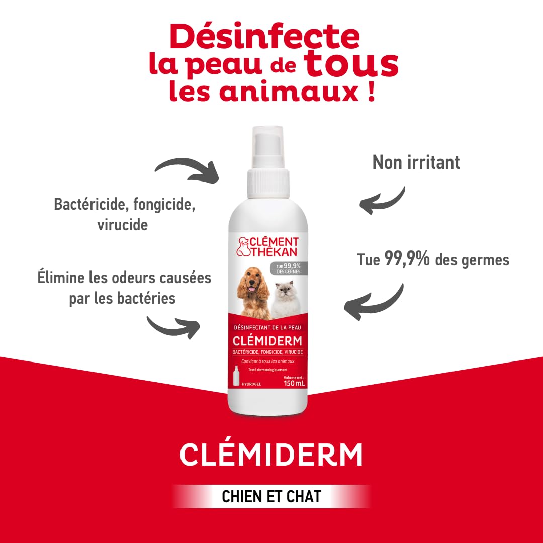 Clément Thékan - Spray désinfectant de la Peau pour Chiens, Chats et Autres Animaux - Clémiderm 150 ML