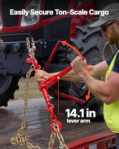 Image of VEVOR Ratchet Chain Binder, 3 /8 in x 10 ft G80 Chains, 9200 lbs Working Load of Ratchet Load Binder, Chains and Binders Set, Tie Down Hauling Chain Binders for Hauling, Towing, Logging, Lifting