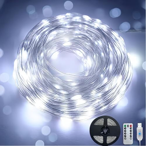 Clearhill Ghirlanda di luci da 20 m, 20 m, luce bianca fredda, 200 LED, USB, filo morbido, impermeabile, con telecomando e timer, 8 modalità di illuminazione, per camera da letto, albero di Natale