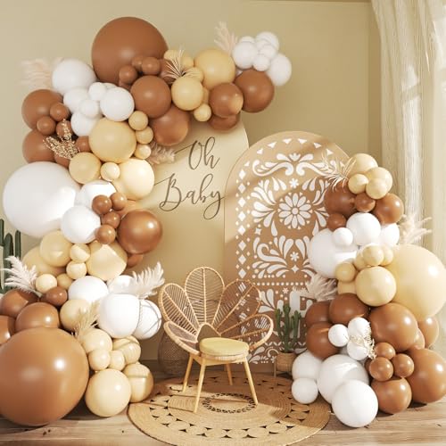 CROSSFINGERS Brown White Balloon Garland Arch Kit,145pcs Mexican Neutral Brown Nude White Balloons Different Sizes for Mexicanos Fiesta Theme Birthday Baby Shower Gender Reveal Party Decorations