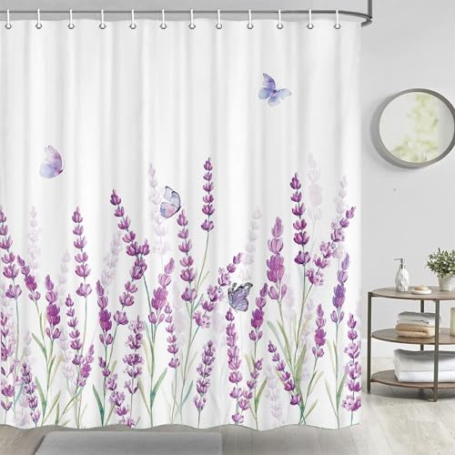 Jipusai Purple Flowers and Butterfly Shower Curtain Sets for Bathroom, Lavender Floral Spring Shower Curtains, Extra Long Modern Flowers Bath Curtains Bathroom Decor with Hooks 72x84 in