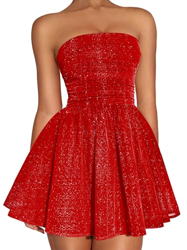 DAAWENXI Women's Sexy Strapless Mini Dress Sequin Ruched Bow Graduation Party Prom Short Dresses