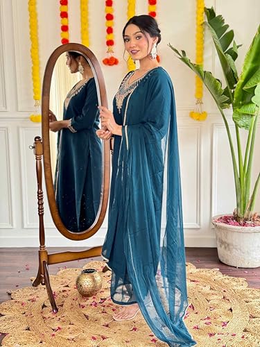 Image of Shiv Textiles Women's Chanderi Silk Embroidered Kurta Pant Dupatta Set(JDA-NILAM-RAMA-S)