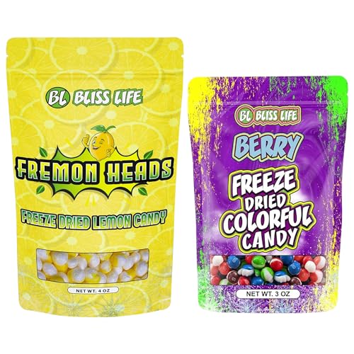 Bliss Life Freeze Dried Candy Bundle – Fremon Heads (4oz) & Berry Colorful Candy (3oz) – ASMR, TikTok Challenge, Sour & Sweet Fusion, Freeze Dried Sour Candy, Unique Novelty, Trendy Snack
