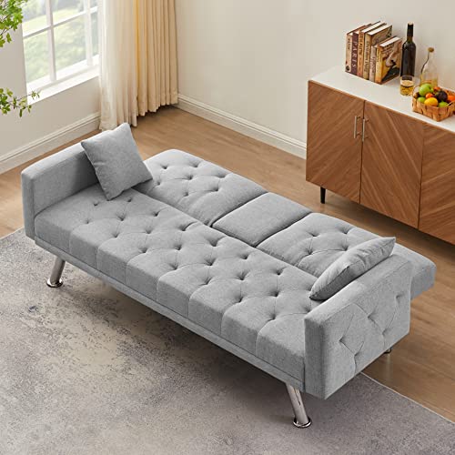 Eafurn Tufted Futon Sofa Bed W/Cup Holders, Linen Upholstered 2 Seater Sleeper Loveseat Couch, Splitback Convertible Daybed Sofa & Couch For Small Spaces With Square Armrest And Metal Legs, Grey #TOP1