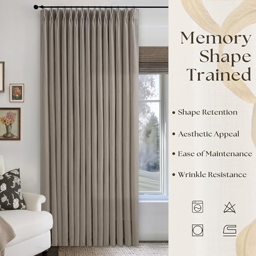 Image of Pinch Pleated Linen 102 Inch Curtains 100 Inch Width for Living Room Taupe | Extra Wide, Room Divider, Semi Sheer, Ceiling to Floor, Sliding Glass Door, Light Filtering, Hooks Rings, Greige, 100x102