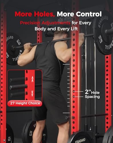 Image of Mikolo F4 2.0 Power Cage with Dual-Track Smooth Pulley System, 1200LBS Power Rack with Leg Hold-Down for Heavy LAT Pulldowns (Red, F4 2.0 Package)