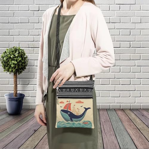 Whale Sailboat Messenger Bag Small Ethnic Pattern Printed Adjustable Strap Crossbody Zipper Bag Whale Sailboat Phone Bag Wallet Cute Shoulder Handbag for Women Friends3