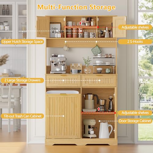 Image of Single 13 Gallon Tilt Out Trash Can Cabinet,Garbage Cabinet with Drawer | Hidden Garbage Storage with Fluted Design, Drawer & Hooks for Kitchen, Dining Room and Small Space Organization,Natural Oak