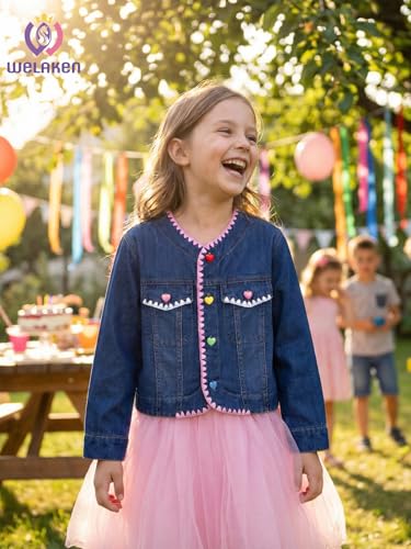 Image of WELAKEN Print Denim Jacket for Girls & Kids II Little Girl's Button Down Crop Jean Jacket Coat