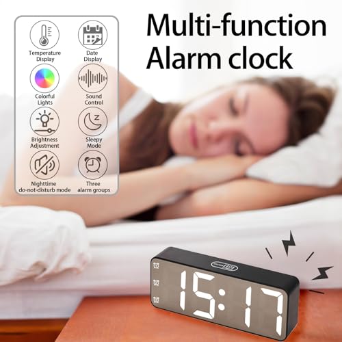 Image of Large Numbers LED Display, Electric Bedside Desk Clock with USB Charging, 7 Colors Lights, Three Sets of Alarms, Snooze Mode, Battery Power Saving Mode, Bedroom Living Room Alarm Clock, Black