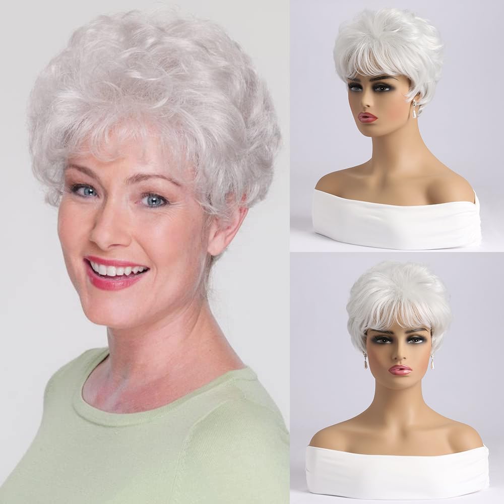 Short White Wig With Bangs for Women, Natural Looking Pixie Cut Costume Hair - Image 3