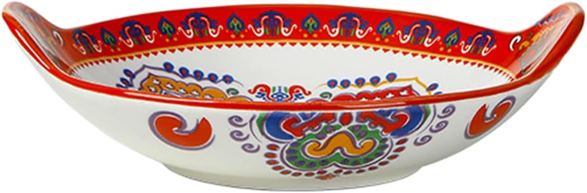 Vintage Rice Bowls ，Ceramic Tableware Rice BowlAmerican-style household retro underglaze color delicate hammered ceramic round rice bowl(Two-handled deep dish)