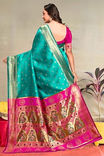 Image of C J Enterprise Women's Pure Kanjivaram Silk Saree Paithani Soft Wedding Sarees With Blouse Piece (Chand paithani)