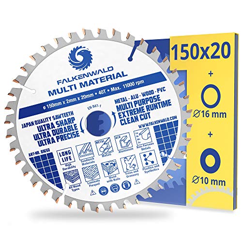 FALKENWALD® Hoja de sierra (150 x 20 mm, incluye 16 y 10 mm, 40 dientes, para madera, metal, aluminio y plásticos, compatible con TE-CS 18 Li, Makita DCS553, Bosch y otras marcas Cover