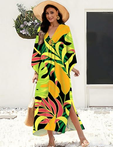 Image of MAKABO Kaftan Dresses for Women, V Neck Moo Moos Colorful Print Cover Ups Caftan Beach Dresses for Swimwear
