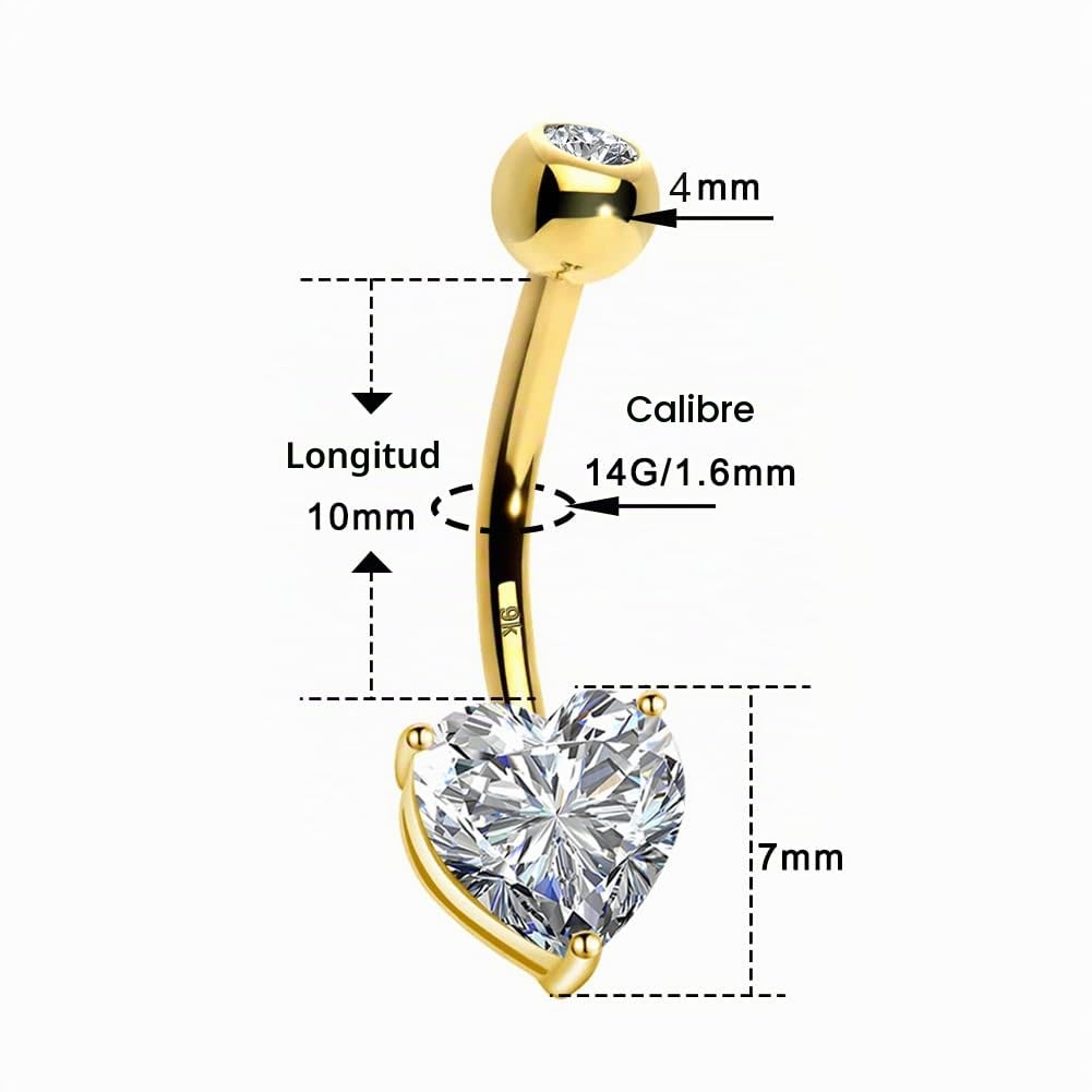 OUFER Carat Gold White Gold Heart Belly Bars Solid Cubic Zircon Belly Button Rings Navel Piercing Jewellery 14 Gauge 1.6mm