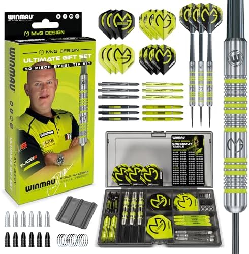 WINMAU Darts Set Michael Van Gerwen MvG Steeltip Gift Case - 50 Piece Dart Set | 20g Steel Tip Darts | 4 x Shafts | 4 x Flights | Accessories