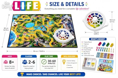 Image of The Game of Life Family Board Game for Kids & Adults - Interactive Strategy Game with Spinner Wheel, Career House Pet Cards, Play Money & Cars for 2-4 Players Age 8+