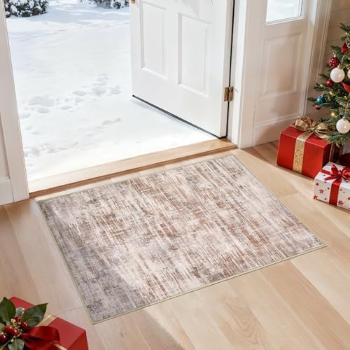 2x3 Entryway Area Rugs: Washable Neutral Abstract Small Rug Door Mat Non-Slip Soft Low Pile Indoor Carpe for Entrance Kitchen Front Door Bathroom Entry Kids Room - Red Brown