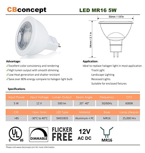Cbconcept Ul-Listed Mr16 Gu5.3 Led Bulbs, 10-Pack, 5 Watt, Dimmable 500 Lumen, Pure White 6000K, 36°Beam Angle, 12V, 50W Halogen Equivalent, Recessed/Landscape Led Lighting | Designed In San Francisco #TOP1