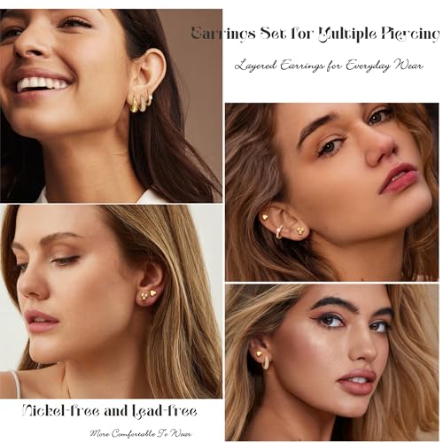 Small Chunky Gold Hoop Earrings for Women-5 Pairs Sterling Silver Post Huggie Earring Stacks for Multiple Piercing Trendy Cartilage Hypoallergenic Earings for Sensitive Ears2