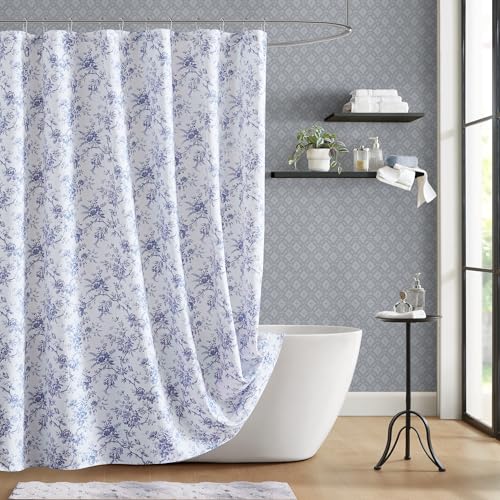 Laura Ashley Walled Garden Shower Curtain Textured Cotton-Rich Slub Fabric Tonal Floral Print Elegant Transitional Bathroom Decor Machine Washable 72x72 Blue