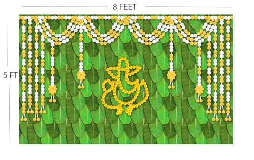 Image of Background Decoration Pooja Decoration Cloth for Wedding and Birthday Fabric Banana Leaf Ganesh 8X5
