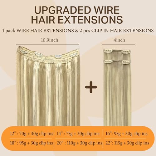 Image of DOORES Wire Hair Extensions, 18 Inch 95g Fish Line Weft Extensions and 2pcs 30g Clip ins Light Blonde Highlighted Golden Blonde, 100g Invisible Seamless Wire Real Human Hairpiece