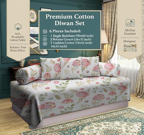 Image of IVAZA 240 TC Soft Ezyption diwan Cover Set Cotton 6 Pieces Designer Printed Standard diwan Cover Set (1 Single Bedsheet, 2 Bolster Covers, 3 Cushion Covers) White Green