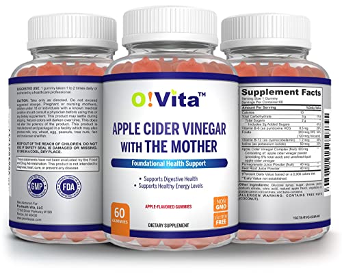 O!Vita Apple Cider Vinegar Gummies With The Mother, Gluten Free, Vegan, Made With Pomagranate, Beet Root, And Vitamin B12 For Energy - 60 Non-Gmo Apple Flavored Gummies, Up To 2-Month Supply #TOP3