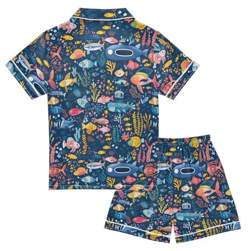 ALAZA Fish Coral Reef Blue Satin Pajamas Set Short Sleeve Button Down Sleepwear Summer Pjs 2 Piece2