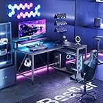Bestier Gaming Desk with Power Outlets, 42" L-Shaped Gaming Desk with LED Lights, Desk with Reversible Storage Shelves & Hooks for Small Spaces, Bedrooms & Offices, Black Carbon Fiber - Image 2