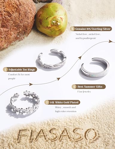 FIASASO 3Pcs 925 Sterling Silver Toe Rings for Women Adjustable 14K White Gold Plated Flower Twist Opal Band Rings Summer Beach Open Toe Rings Foot Jewelry Set2