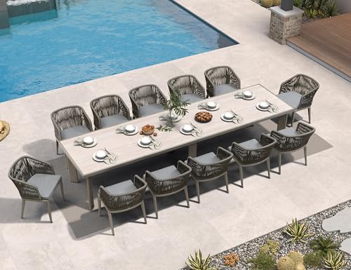 Image of PURPLE LEAF Outdoor Dining Set for 12 with Sunbrella Cushion Armchairs Grey