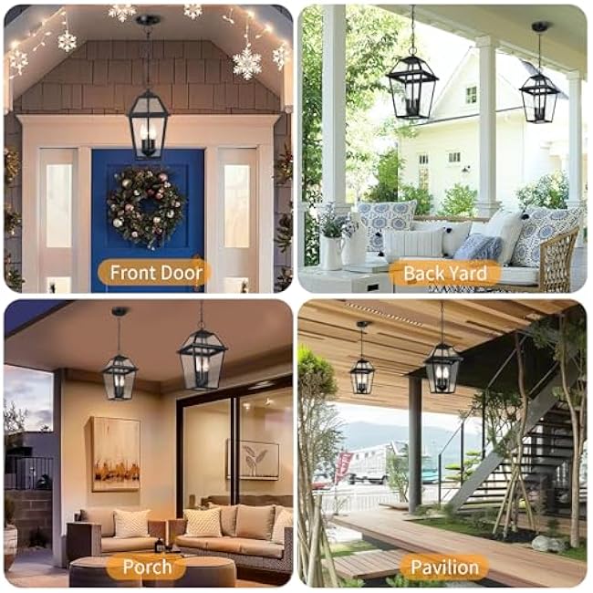 Large Outdoor Pendant Light for Porch 3-Light, 16'' Waterproof Exterior Hanging Lighting Outdoor Chandelier for Porch Gazebo with Adjustable Chain Tempered Glass,1Pack, Bulb Not Included