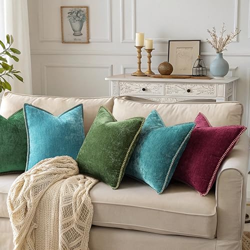 Image of decorUhome Fall Chenille Soft Cozy Throw Pillow Covers 16x16 Set of 2, Modern Farmhouse Boho Velvet Decorative Pillow Cases with Stitched Edge for Couch Sofa Bed Home Decor, Rhododendron