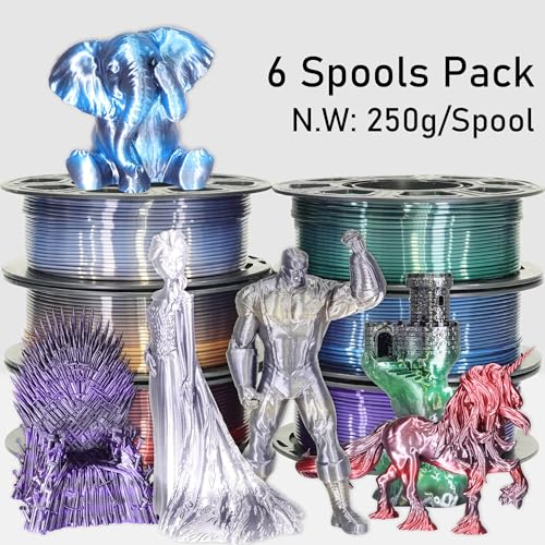 Image of MIKA3D 6 Spools Fast 2 Color Change Silk PLA 3D Printer Filament Bundle, Silk Black Color Change to White /Red /Orange /Blue /Purple /Green, Each Spool 250g, Total 1.5kg Silk PLA Bundle 250g X 6