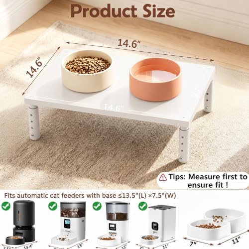 OPNICE Adjustable Cat Food Stand, Elevated Cat Feeder Stand with 4 Height Settings, Automatic Cat Feeder & Tradition Bowls, Raised Pet Feeding Table Station for Cats & Small Dogs, White Wood - 2