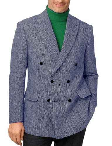 Mens Tweed Herringbone Blazer Fashion Double Breasted Tuxedo Jacket for Party STJK001