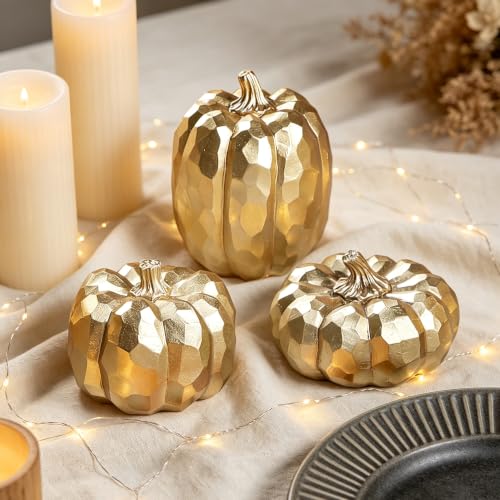 Image of winemana 3 Pack Gold Pumpkins Fall Decorations for Home | Resin, Thanksgiving Decor, Artificial Decorative Pumpkin, For Office Table Mantel Indoor Fireplace Autumn