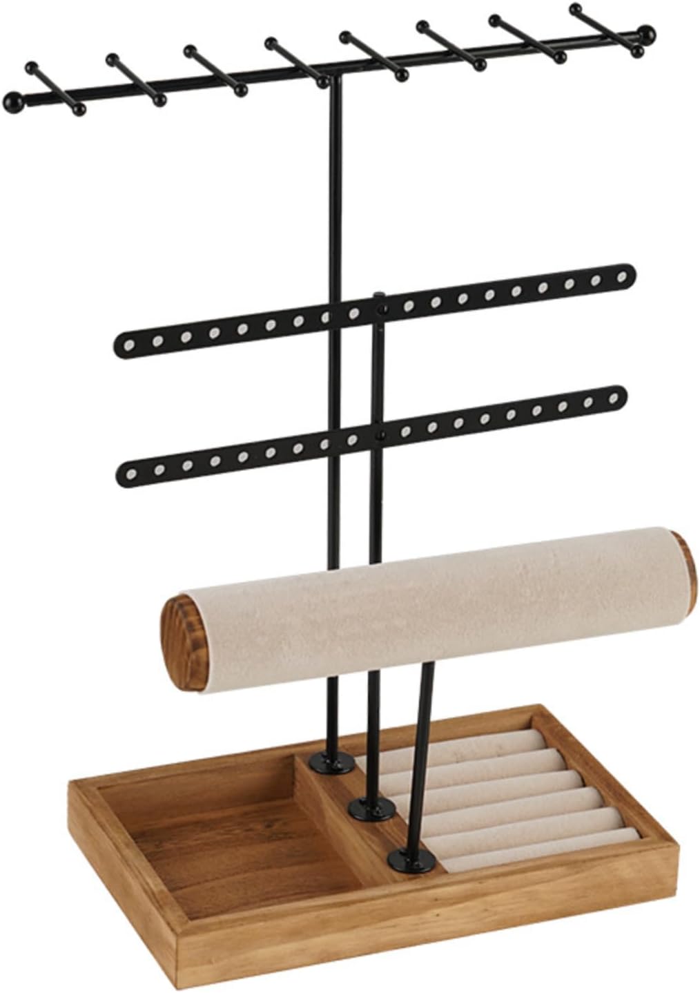 Jewelry Organizer Stand, 3-in-1 Jewelry Storage Holder with Holes, Hooks, Tray, T-Bar Jewelry Tree Tower for Earrings, Rings, Bracelets, Necklaces