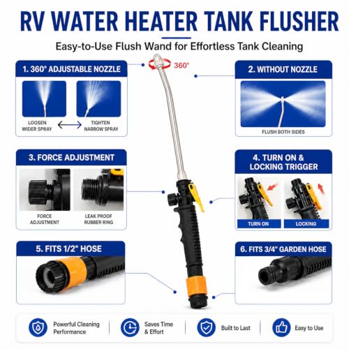 Image of 5 Pcs Upgrade RV Water Heater Anode Rod, Flush Wand Maintenance Kit | 9.25 inchL x 3 /4 inch NPT, 2 x Stainless Steel Hex Head Premium AZ31B Magnesium Anode Rods, Socket Tool & PTFE Tape, for Suburban