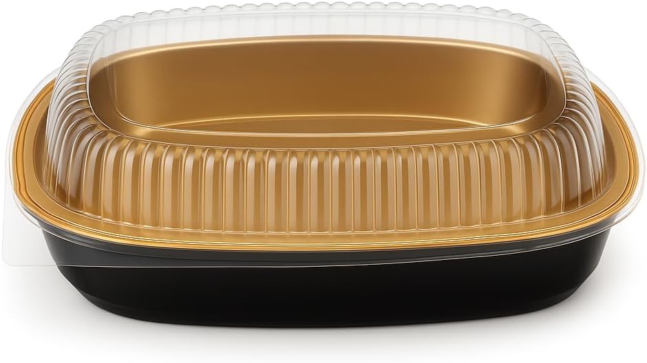 Heavy Duty Smoothwall Black and Gold Large Oblong Foil Entree/Take-Out Pan with Dome Lid 65.6 oz. - 50/Case