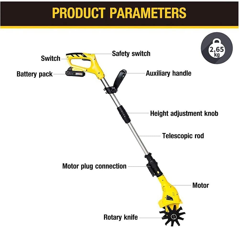 Tiller Rotavator, 20V Portable Electric Hand Tiller, Handheld Garden Inalámbrico Soil Rotovator Tiller con batería Recargable/Mango Ajustable for Jardines, huertos, invernaderos