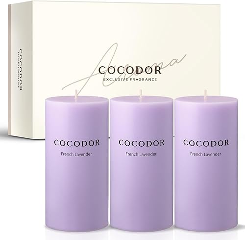 COCODOR - Velas perfumadas de pilar, 3 x 6 pulgadas, lavanda francesa, juego de 3 velas, 85 horas, velas para bodas, fiestas, cenas, decoración del