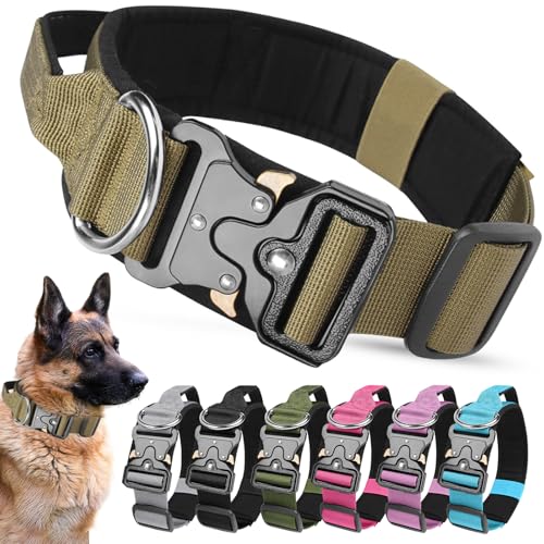 AKOFIC Taktisches Hundehalsband mit Griff, Breites Halsband Hund Gepolstert aus Nylon, Verstellbar Robuster Dog Collar mit Metallschnalle für Mittlere Große Hunde (Dunkelkhaki, M)
