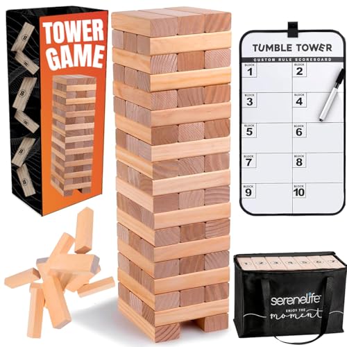 SereneLife 56 PCS Giant Tumble Tower for Indoor and Outdoor Games - Non-Toxic Stackable Timber Blocks Set Fit to Kids and Adults - Zippered Carrying Bag, Book Scoreboard and Offers Hours of Enjoyment