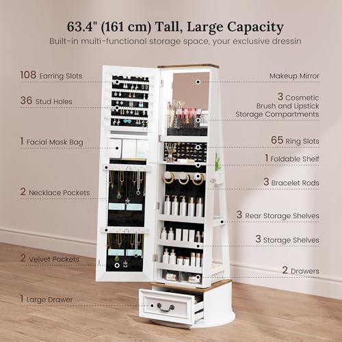 LVSOMT farmhouse white 360° swivel jewelry armoire with mirror storage